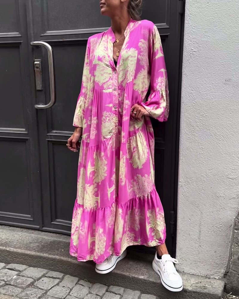 Lockeres Damenkleid im Patchwork Stil mit V-Ausschnitt und weiten Ärmeln