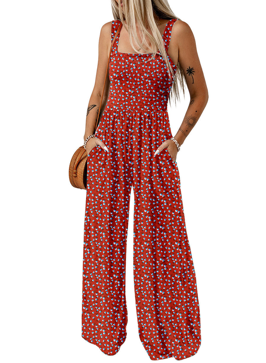 Langer Sommer Jumpsuit mit Blumenmuster eckigem Ausschnitt und weitem Bein