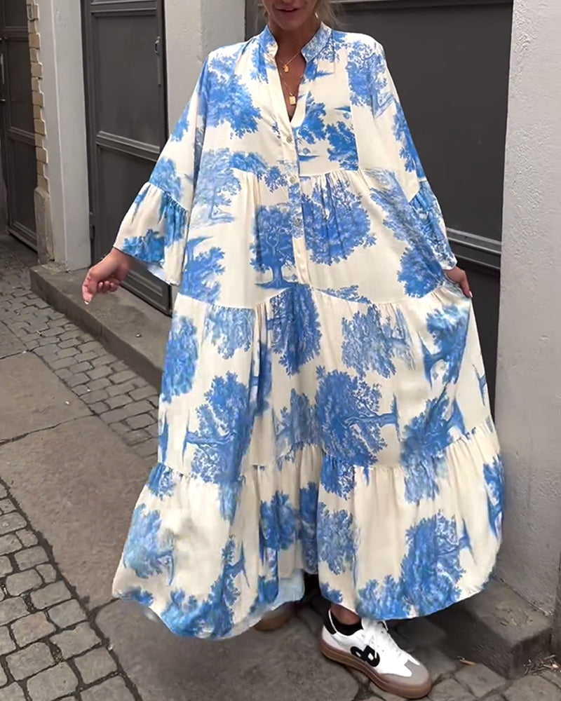 Lockeres Damenkleid im Patchwork Stil mit V-Ausschnitt und weiten Ärmeln