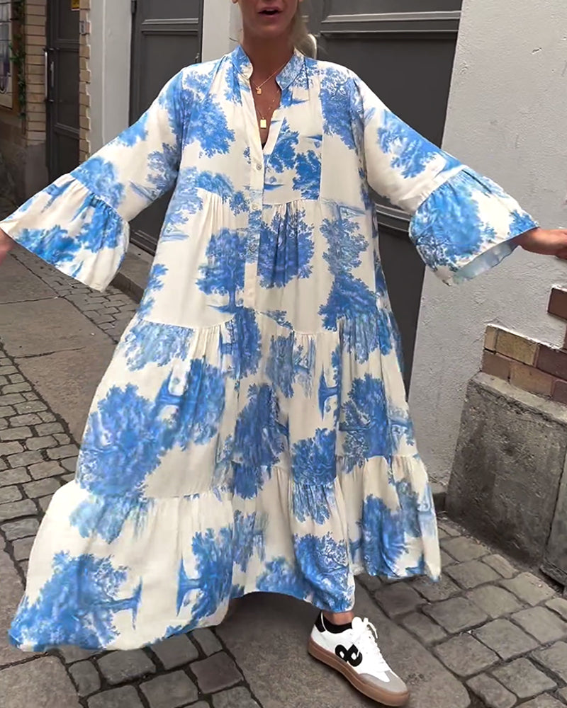 Lockeres Damenkleid im Patchwork Stil mit V-Ausschnitt und weiten Ärmeln