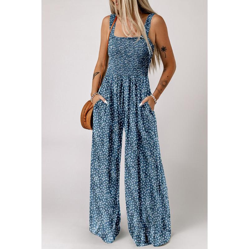 Langer Sommer Jumpsuit mit Blumenmuster eckigem Ausschnitt und weitem Bein