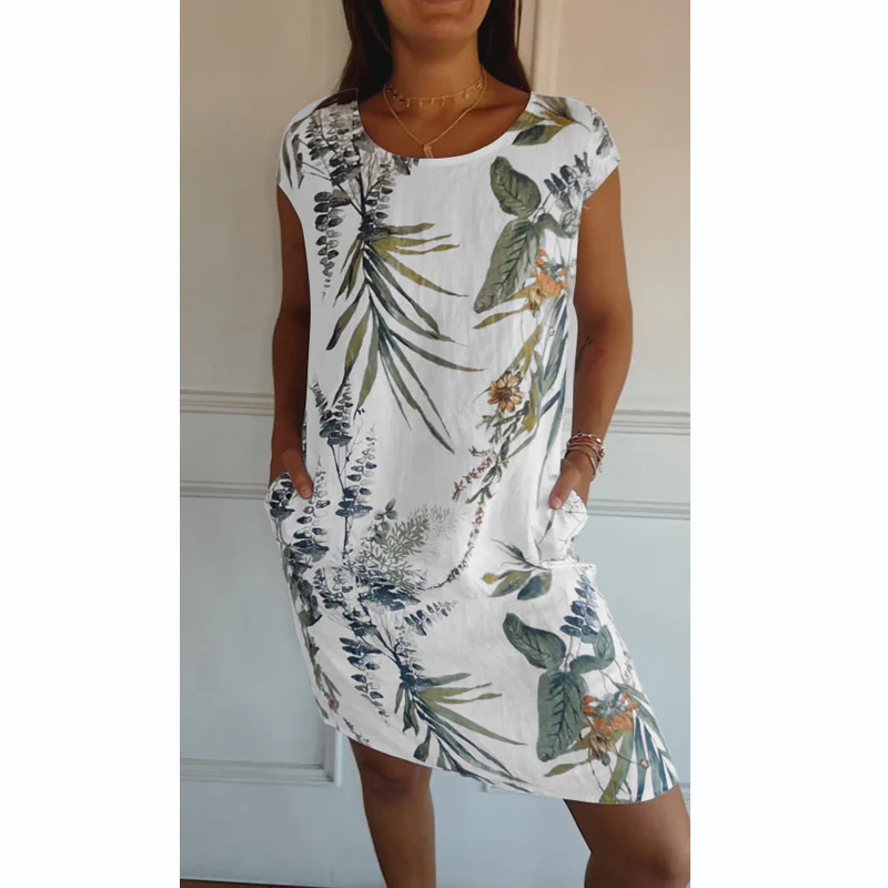 Sommerkleid für Damen mit Rundhalsausschnitt und kurzem Arm im botanischen Muster