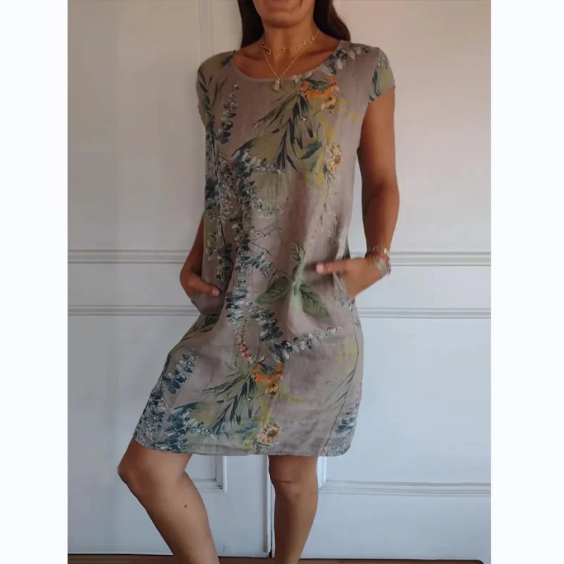 Sommerkleid für Damen mit Rundhalsausschnitt und kurzem Arm im botanischen Muster