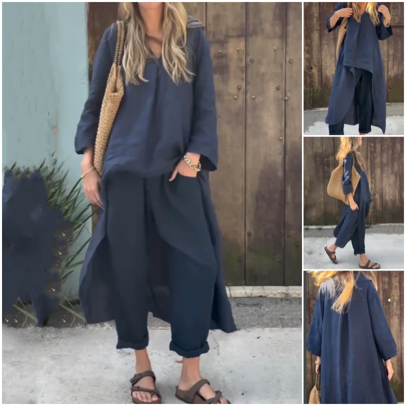 Zweiteiliges Damen Set mit langer Oberteilform und Hose mit abgerundetem Saum