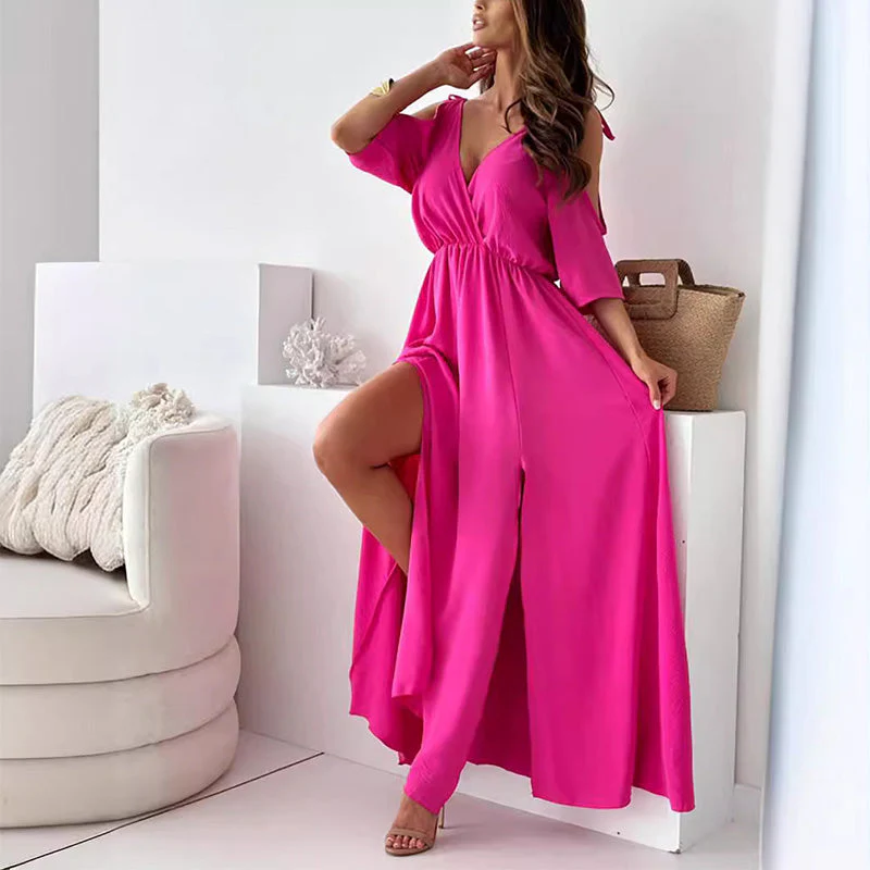 Elegantes langes Damenkleid mit kurzem Ärmelstil und stilvollem Schnitt