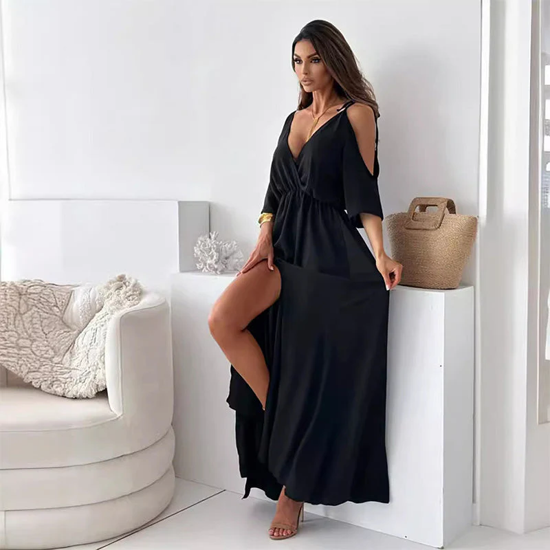 Elegantes langes Damenkleid mit kurzem Ärmelstil und stilvollem Schnitt