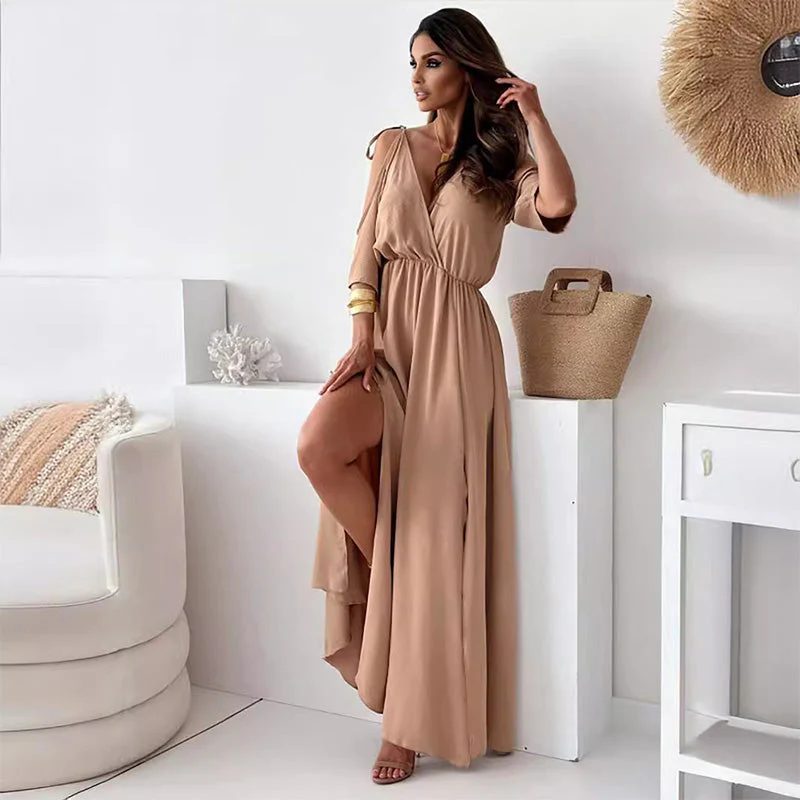 Elegantes langes Damenkleid mit kurzem Ärmelstil und stilvollem Schnitt