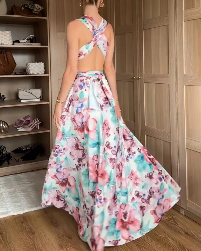Bedrucktes Maxikleid mit vielseitigen Tragevarianten für modebewusste Tage