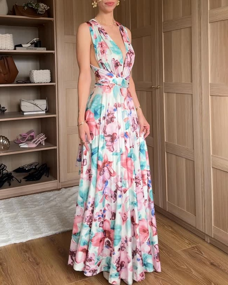 Bedrucktes Maxikleid mit vielseitigen Tragevarianten für modebewusste Tage