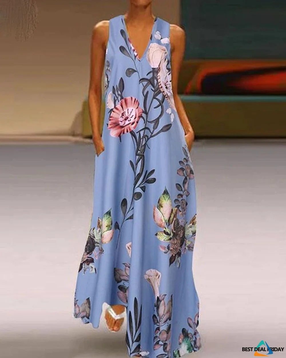 Langes Sommerkleid mit Blumenmuster im lockeren Boho Stil