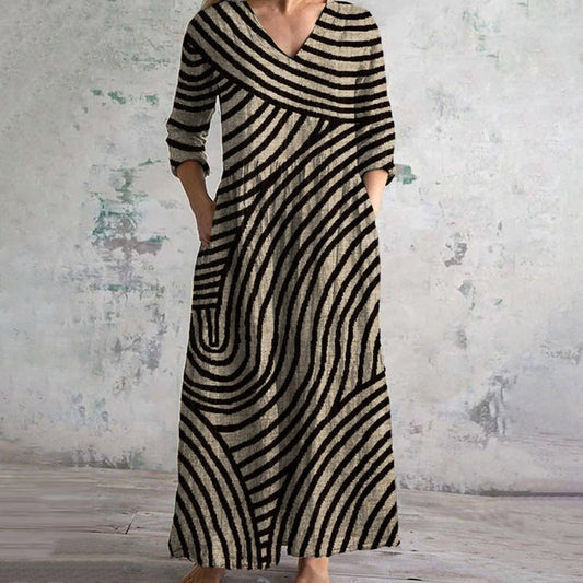 Gestreepte vintage maxi-jurk met klassieke uitstraling