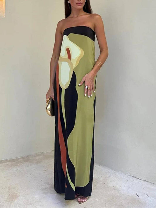 Langes Damenkleid mit modernem Kontrastmuster und schulterfreiem Schnitt