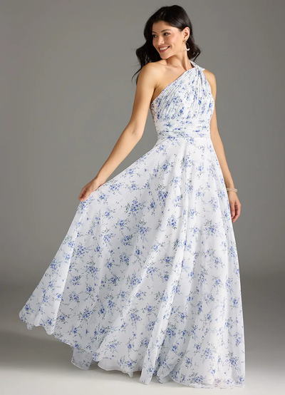 Elegantes Maxikleid mit A-Linie und schrägem Träger in floralem Muster