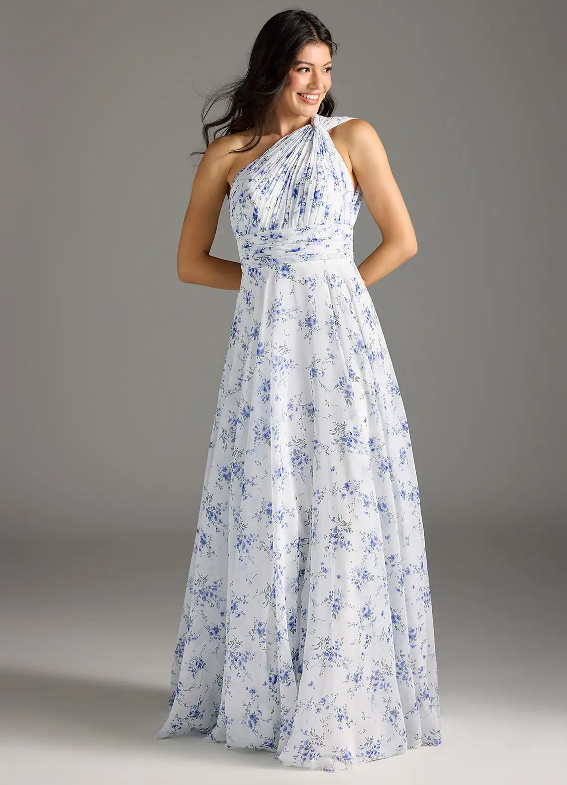 Elegantes Maxikleid mit A-Linie und schrägem Träger in floralem Muster
