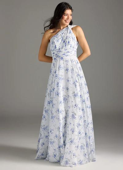 Elegantes Maxikleid mit A-Linie und schrägem Träger in floralem Muster