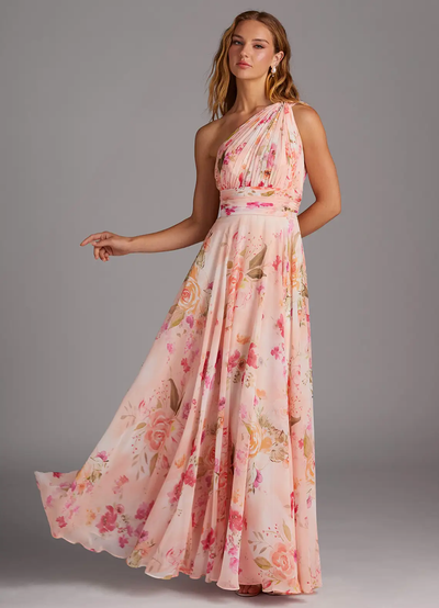 Elegantes Maxikleid mit A-Linie und schrägem Träger in floralem Muster