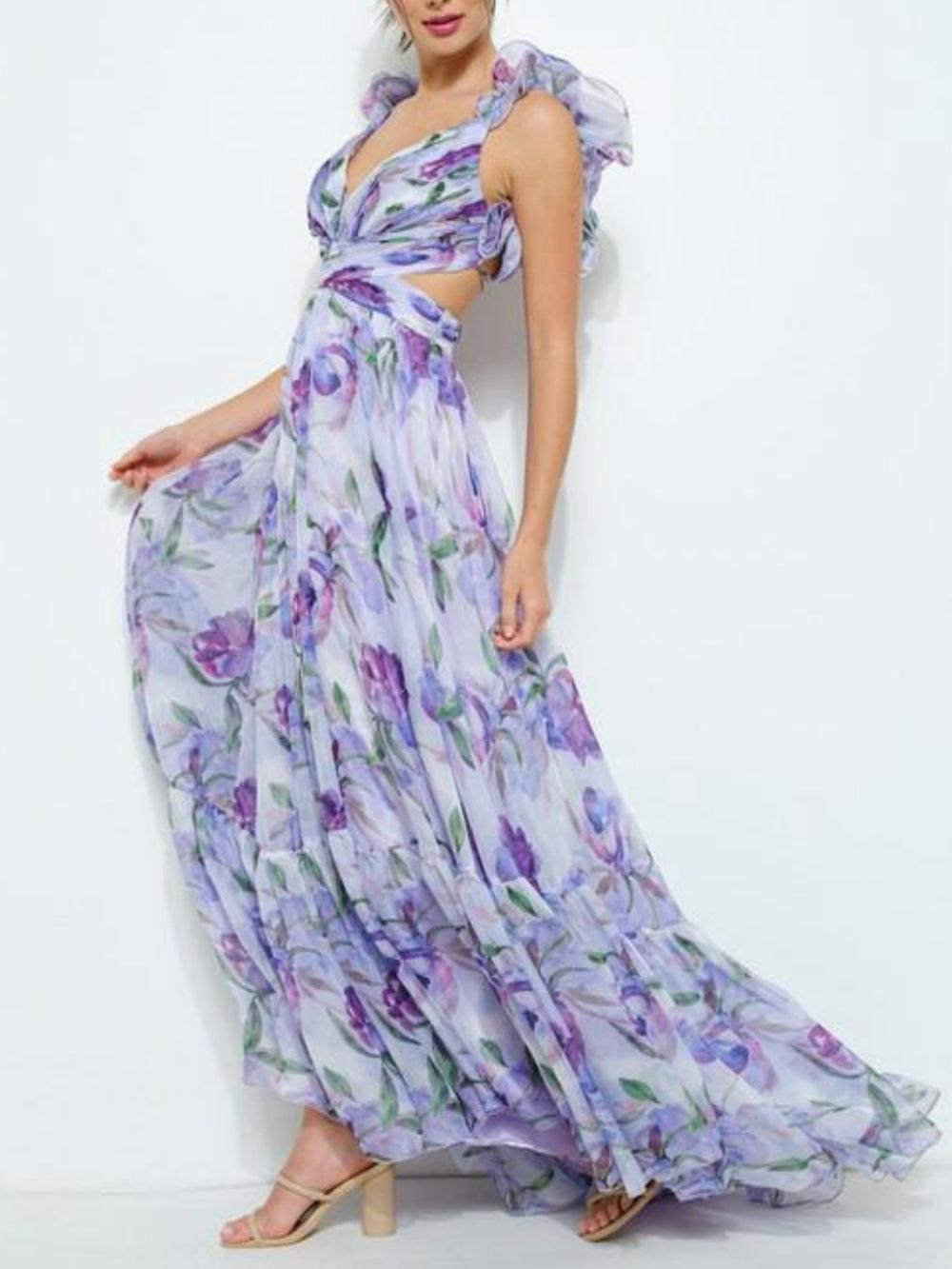 Langes Kleid mit Rückenausschnitt und zartem Blumenmuster im femininen Look