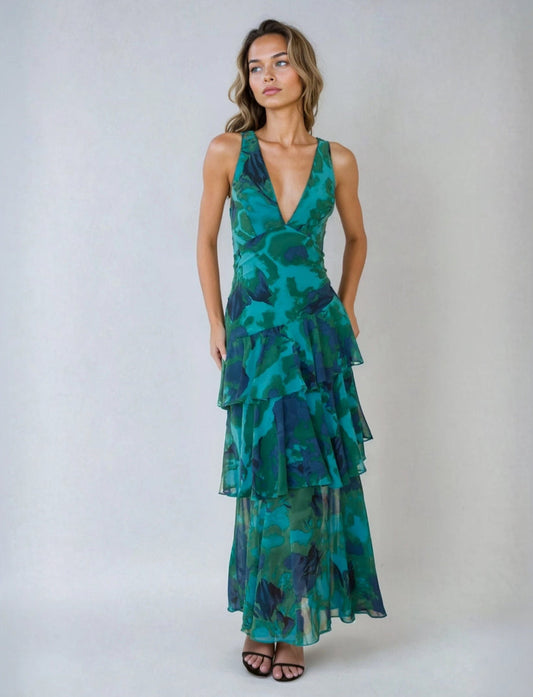 Sommer Maxikleid mit Rüschen tiefem V-Ausschnitt und offenem Rückenelement