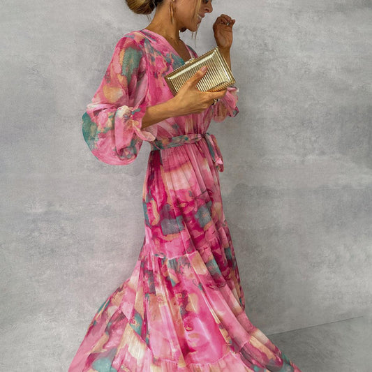 Langes Damen Wickelkleid mit floralem Muster und langen Ärmeln