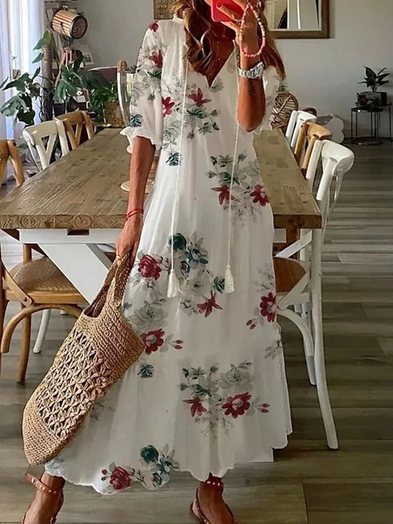 Maxikleid für Damen mit Blumenmuster luftiger Schnitt und V-Ausschnitt