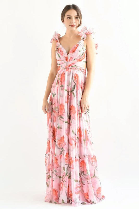 Langes Kleid mit Blumenmuster Faltendetail und zarten Trägern