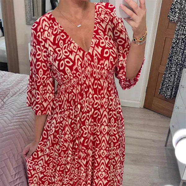 Langes Freizeitkleid mit gemustertem Stil und V-Ausschnitt