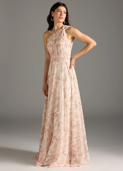 Elegantes Maxikleid mit A-Linie und schrägem Träger in floralem Muster
