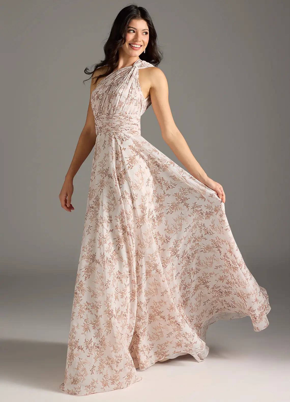 Elegantes Maxikleid mit A-Linie und schrägem Träger in floralem Muster