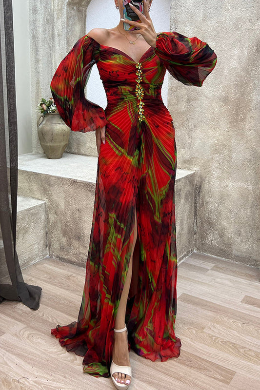 Maxikleid mit langen Ärmeln und schulterfreiem Schnitt mit Muster für den Abend