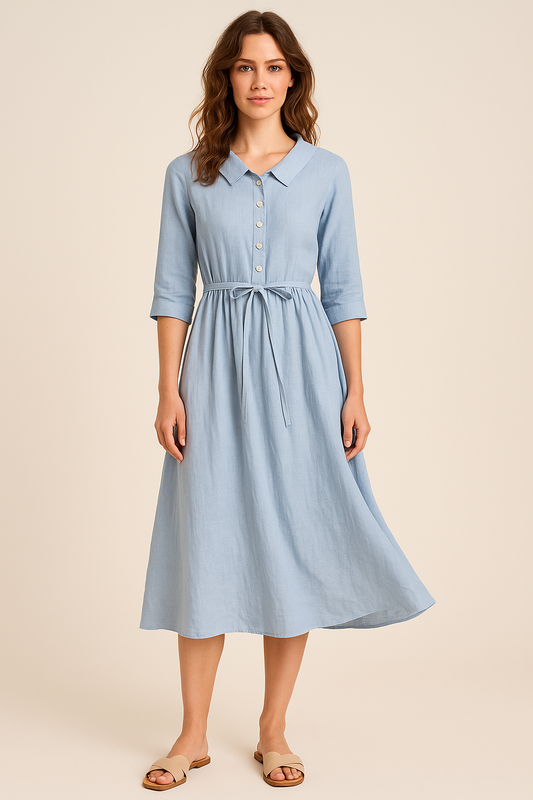Elegantes Retro Midikleid mit Knöpfen und Dreiviertelärmeln für einen klassischen Look