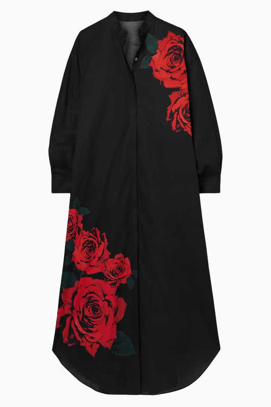 Langes Hemdblusenkleid mit malerischem Blumenmuster für stilvolle Auftritte