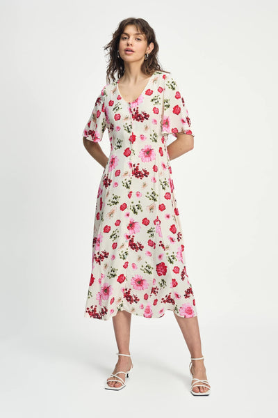 Lässiges Midikleid mit floralem Muster Knopfleiste und kurzen Ärmeln