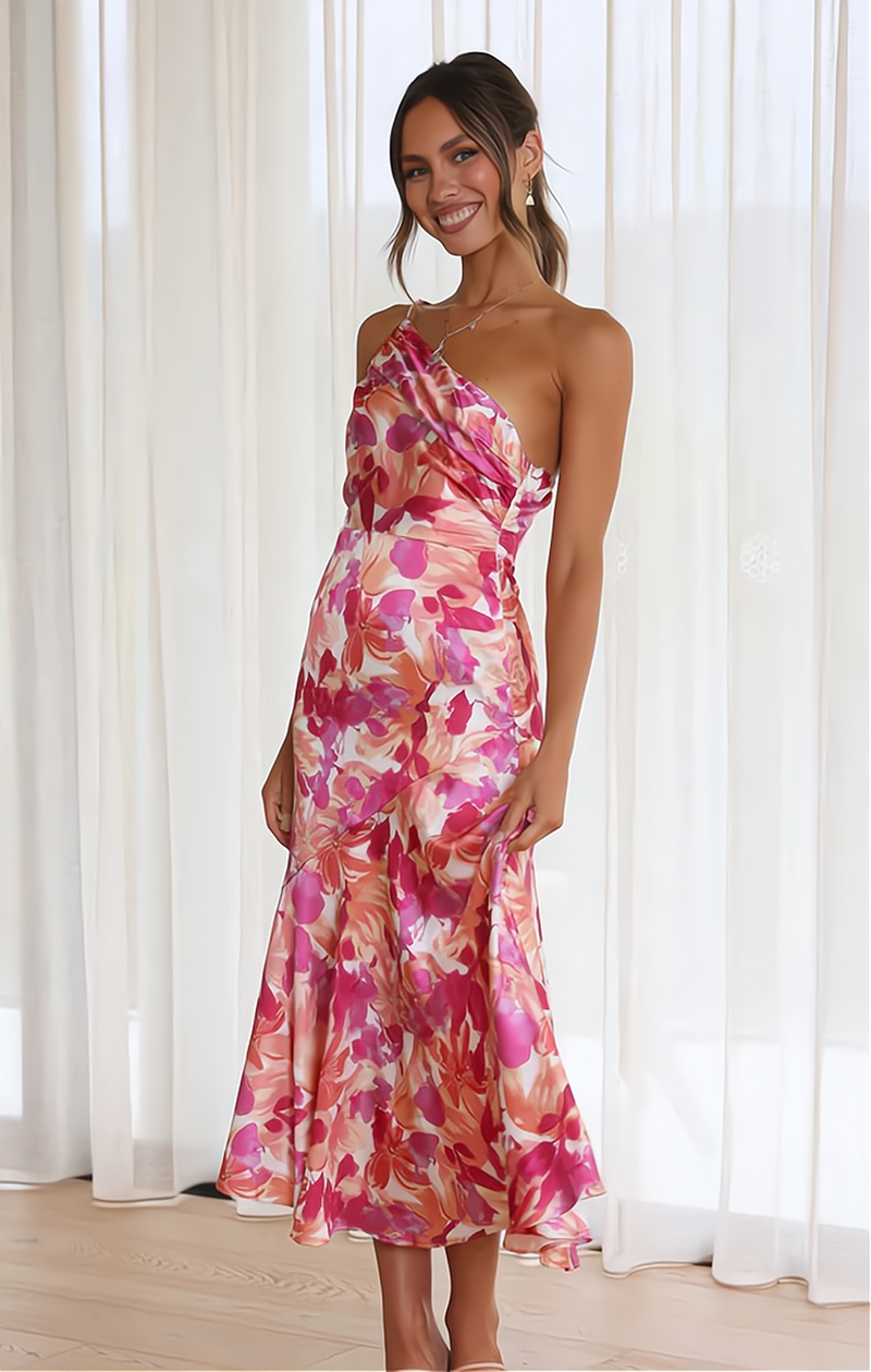 Midi Sommerkleid mit floralem Muster und zartem Träger auf einer Schulter