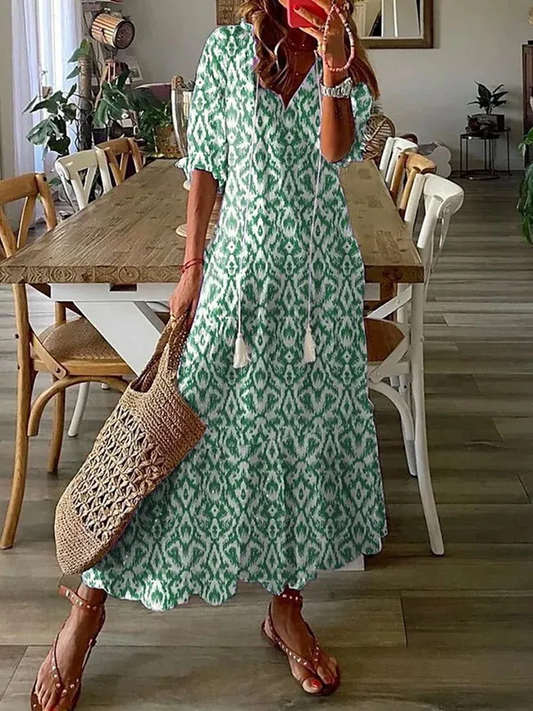 Maxikleid für Damen mit Blumenmuster luftiger Schnitt und V-Ausschnitt