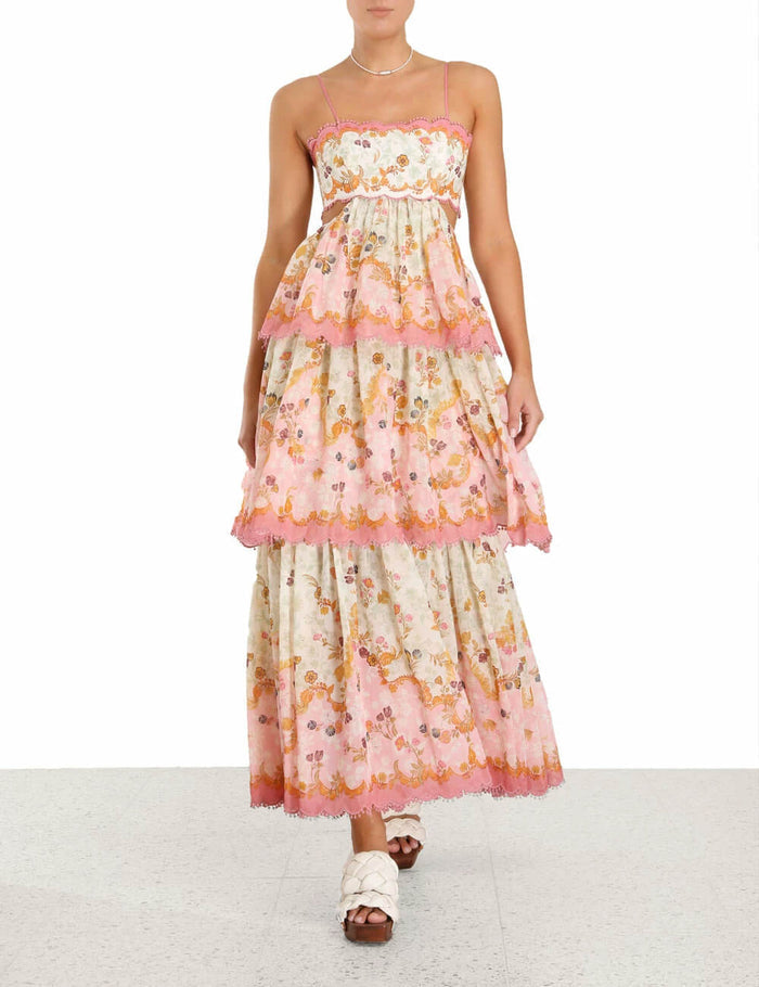 Floral Maxi-Kleid mit dünnen Trägern und gestuftem Rüschenabschluss