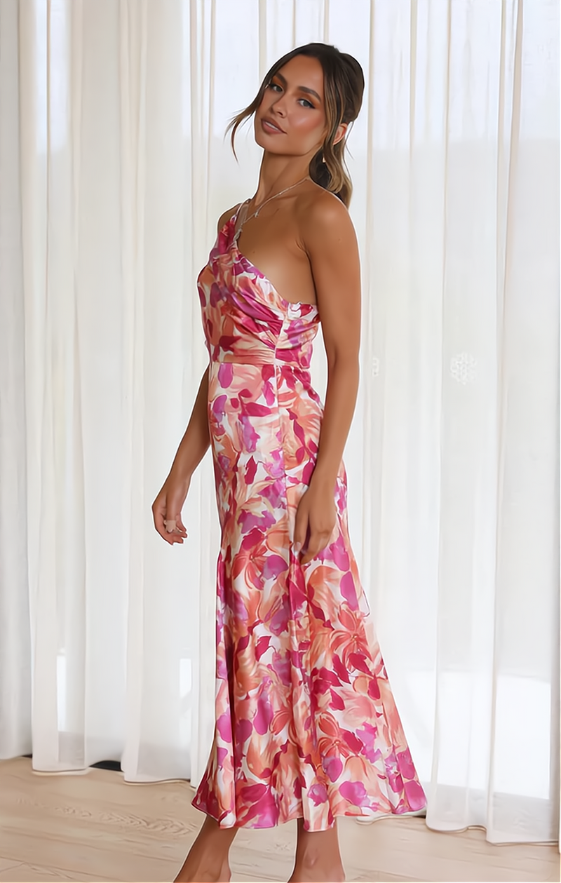 Midi Sommerkleid mit floralem Muster und zartem Träger auf einer Schulter