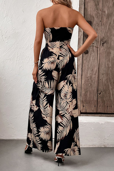 Schulterloser Jumpsuit mit Blattmuster und weitem Bein für entspannte Sommertage