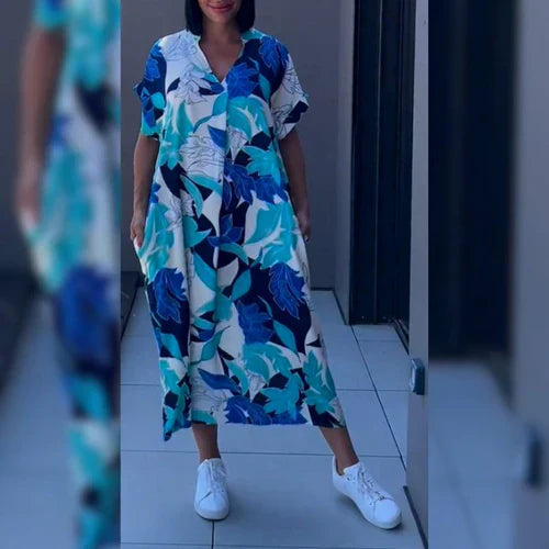 Maxikleid im Kaftanstil mit lebhaftem Muster und kurzen Ärmeln für entspannte Anlässe