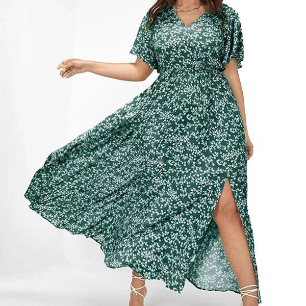 Geblümtes Maxikleid mit Seitenschlitz und kurzen Ärmeln für warme Tage
