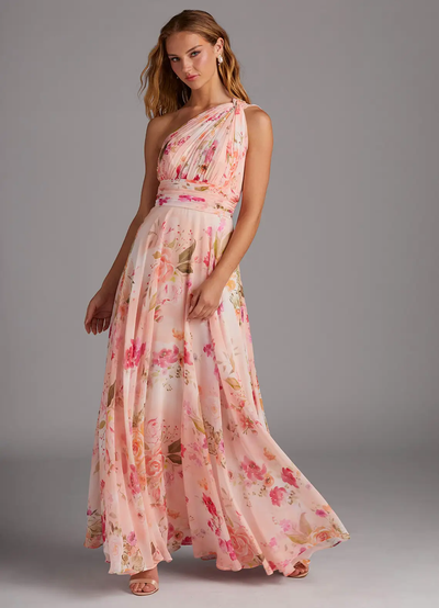 Elegantes Maxikleid mit A-Linie und schrägem Träger in floralem Muster
