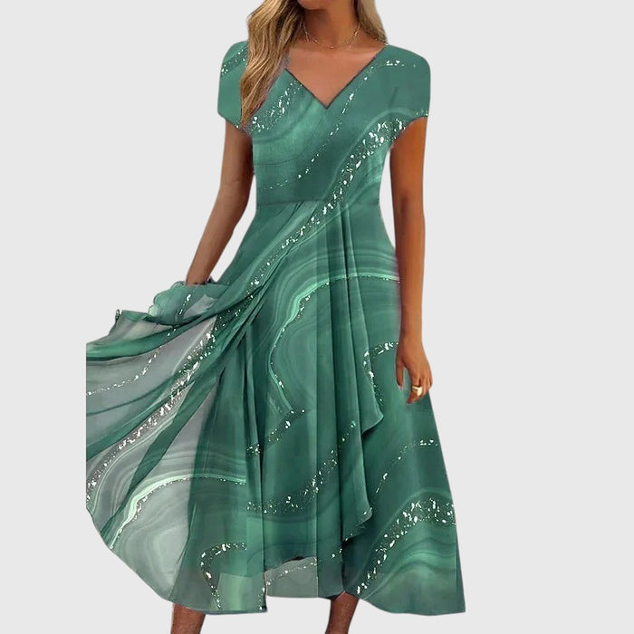 Elegantes Midikleid mit V-Ausschnitt und kurzen Ärmeln