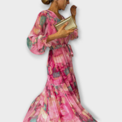 Zarte florale Sommer Maxi Kleid mit langen Ärmeln und Gürtel