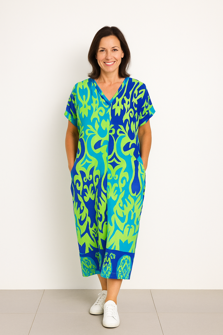 Maxikleid im Kaftanstil mit lebhaftem Muster und kurzen Ärmeln für entspannte Anlässe