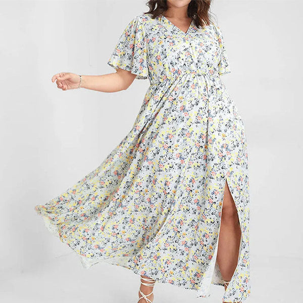 Geblümtes Maxikleid mit Seitenschlitz und kurzen Ärmeln für warme Tage