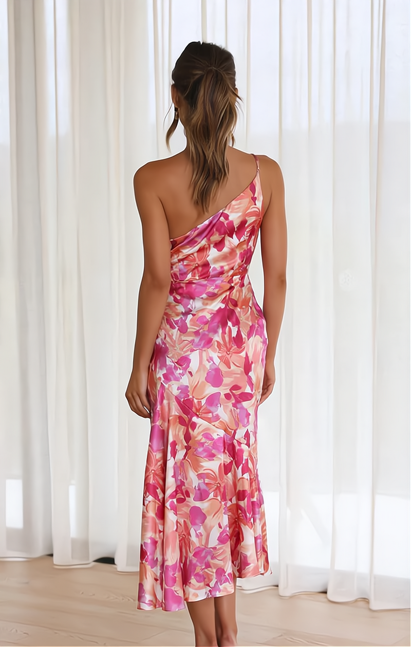 Midi Sommerkleid mit floralem Muster und zartem Träger auf einer Schulter