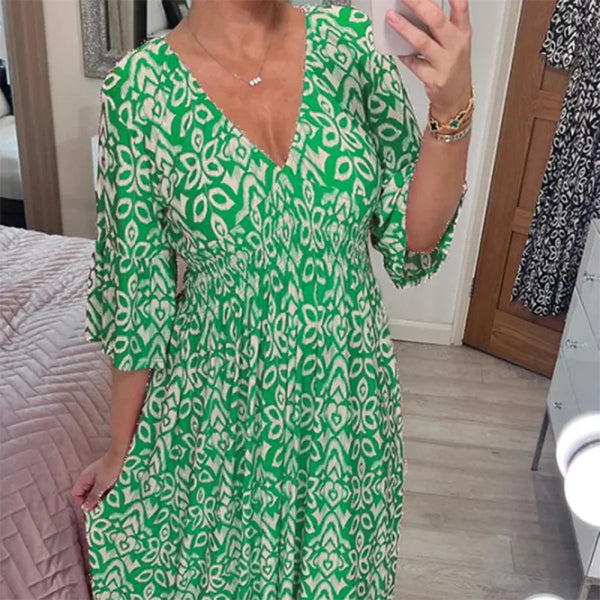 Langes Freizeitkleid mit gemustertem Stil und V-Ausschnitt