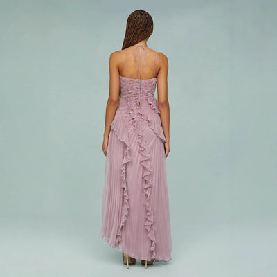 Langes Kleid mit Halterneck Plisseefalten und Volants für festliche Anlässe