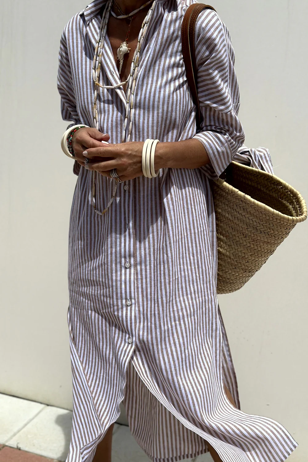 Langes Freizeit Hemdkleid mit Streifen und Knopfleiste