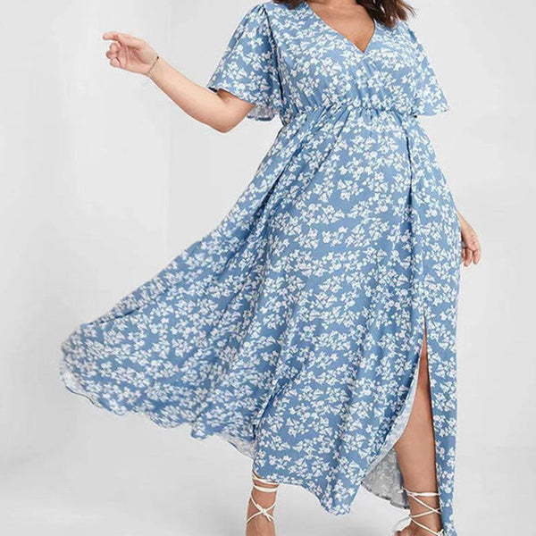 Geblümtes Maxikleid mit Seitenschlitz und kurzen Ärmeln für warme Tage