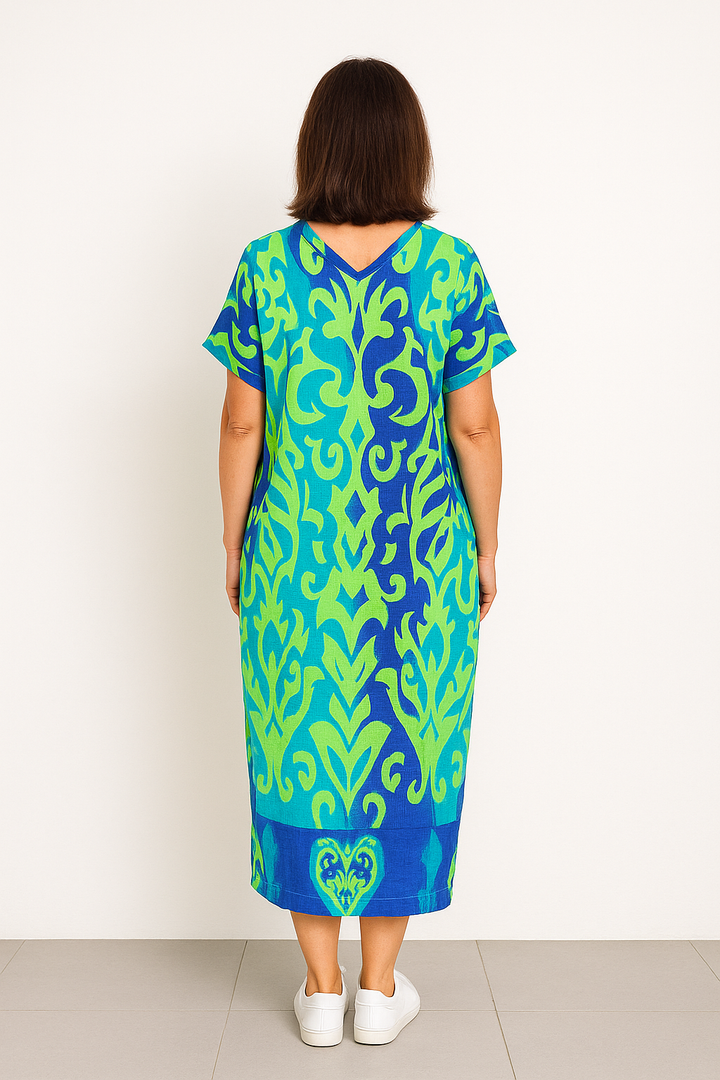Maxikleid im Kaftanstil mit lebhaftem Muster und kurzen Ärmeln für entspannte Anlässe